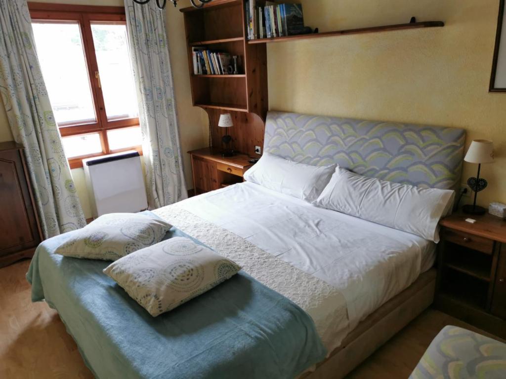 Schlafzimmer mit einem Bett und einem großen Fenster in der Unterkunft Apartamento céntrico, destino Sallent de Gallego in Sallent de Gállego