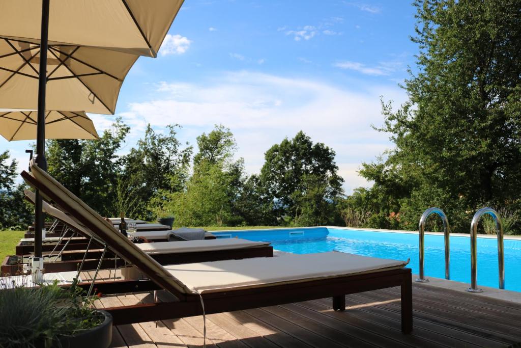 een zwembad met stoelen en een parasol naast een terras bij Eva's house in Ivanec