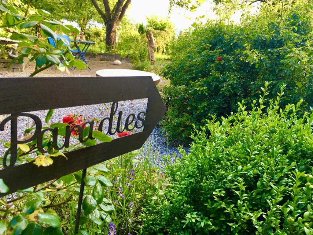 a wooden bench sitting in a garden with flowers at Naturforsthaus Eddas Zimmer für tier- und naturverbundene Menschen in Preitenegg