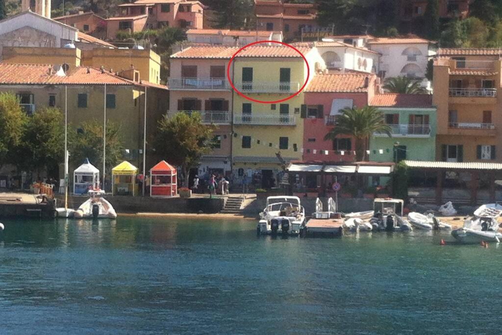 un groupe de bateaux dans une masse d'eau avec des bâtiments dans l'établissement La Casa di Principino, à Giglio Porto