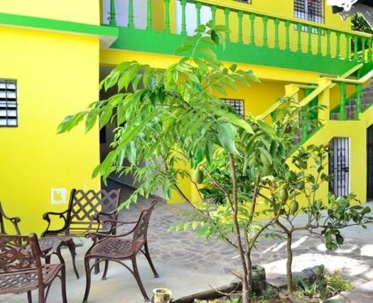 a yellow building with chairs and a tree in front of it at Aparta Hotel Las Flores in Río San Juan