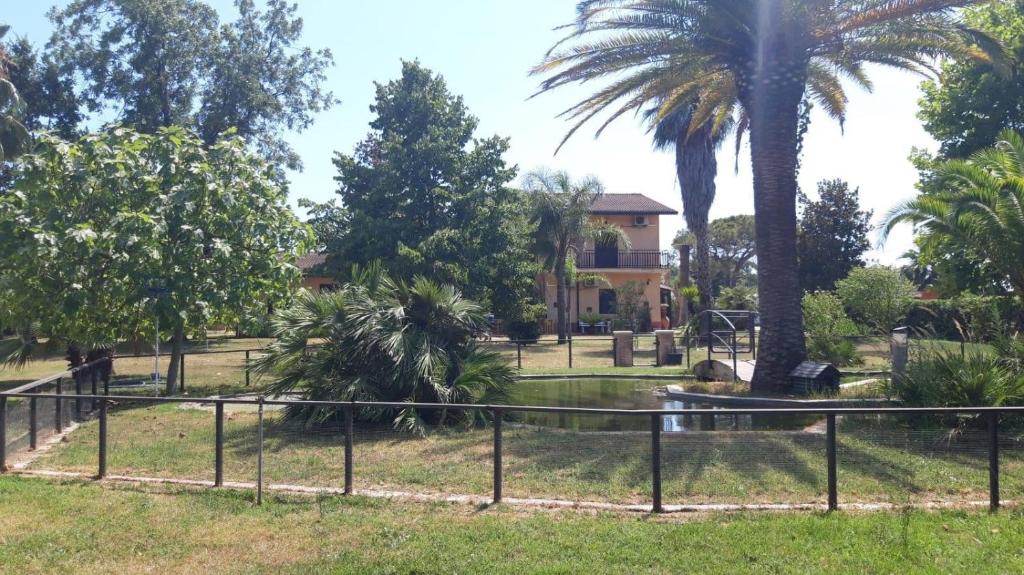Casale di Padiglione的住宿－Hotel Villa dei Butteri - Aprilia，棕榈树屋前的围栏