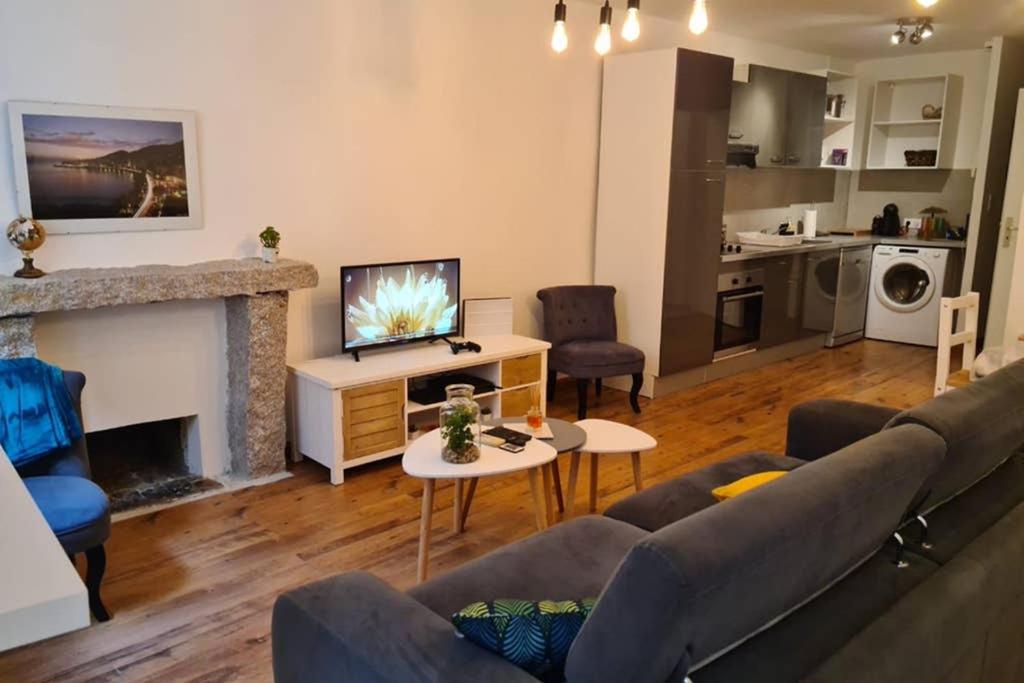 un salon avec un canapé et une cheminée dans l'établissement Ajaccio appartement vielle ville - 4 personnes, à Ajaccio
