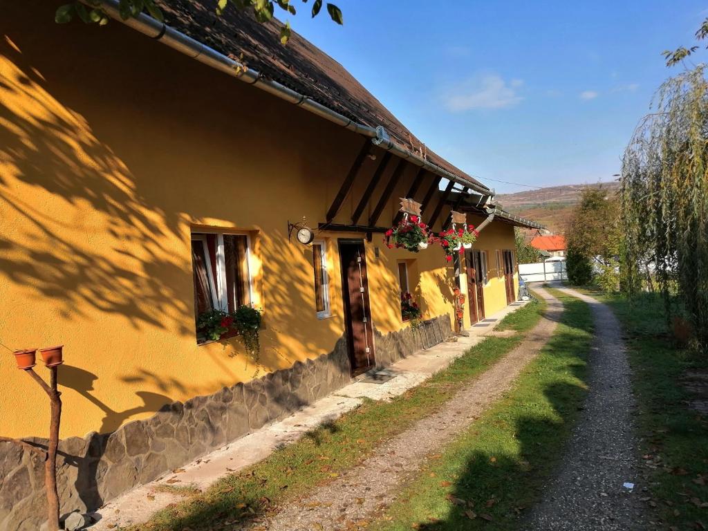a yellow building with a dirt road next to it at Pensiunea Beatrice in Sovata