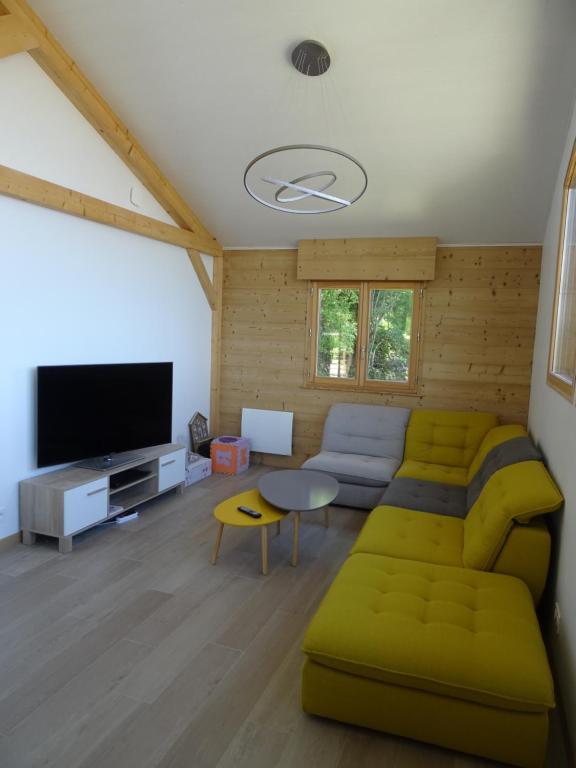 a living room with a couch and a tv at Chalet neuf 6 personnes in Mont-Saxonnex