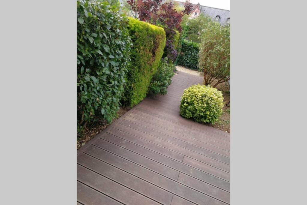 a walkway in a garden with a hedge at Les écuries du chateau in Commes