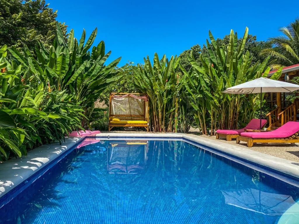 a swimming pool with chairs and an umbrella at Cabañas Lamaite in Sámara