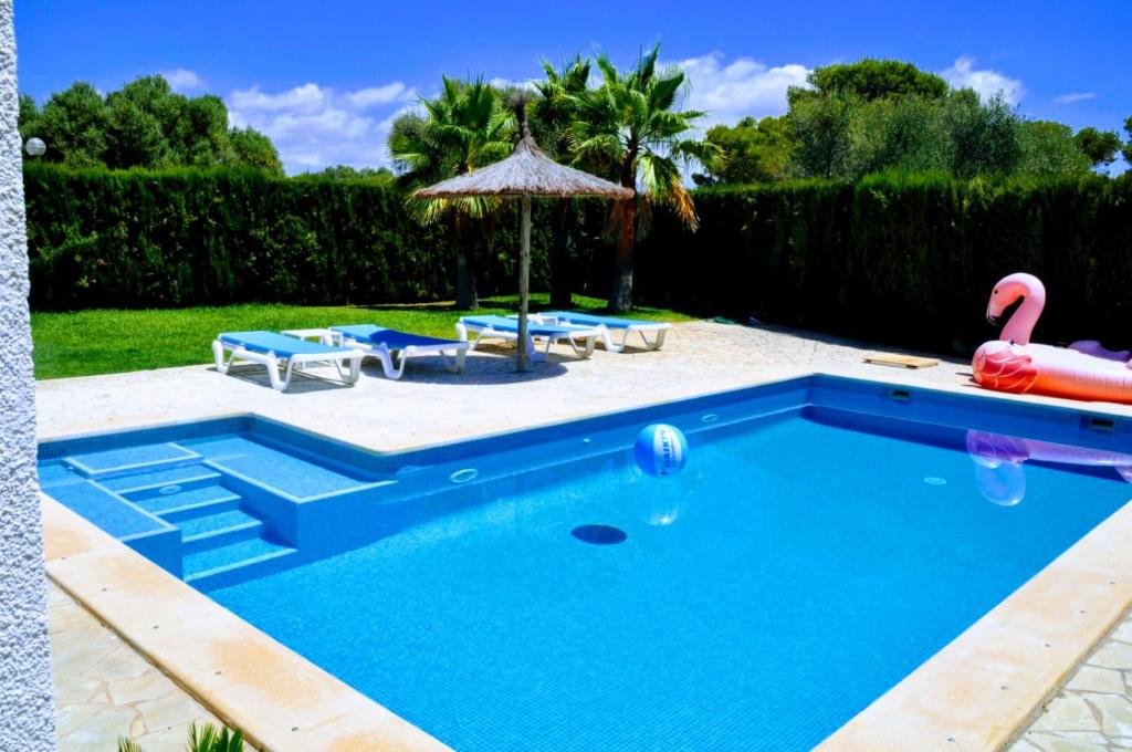 una piscina en un patio con sombrilla en sa rapita paradise en Sa Ràpita