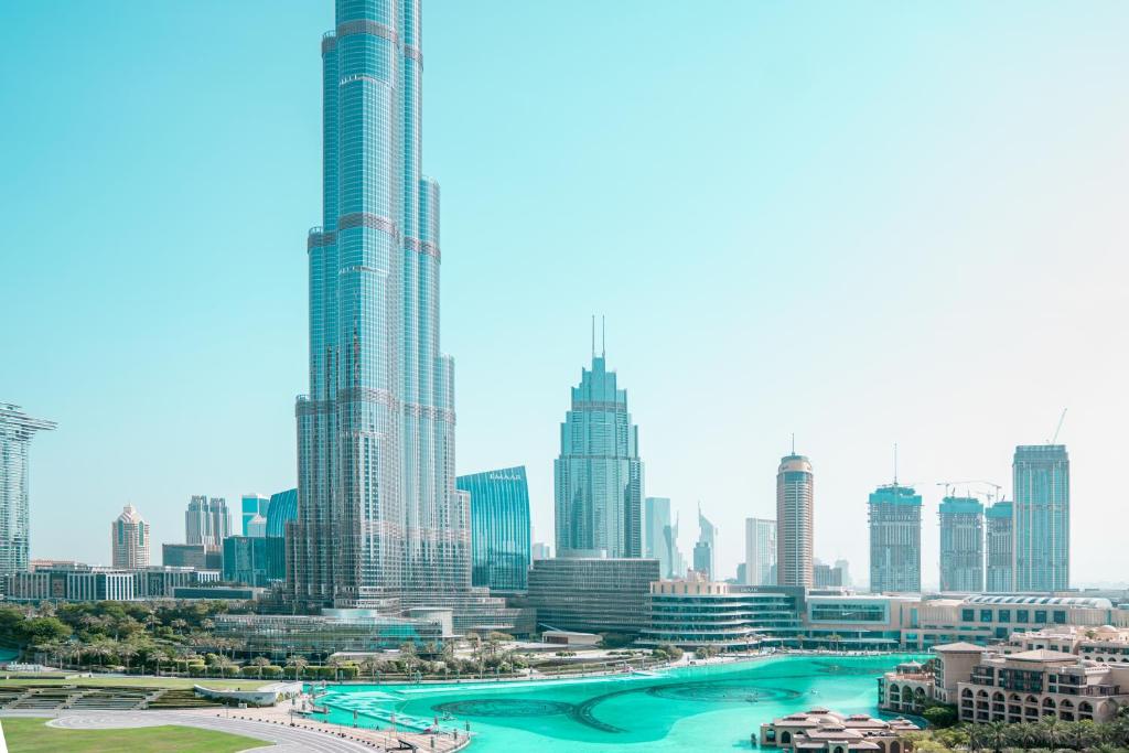 a view of a city skyline with tall buildings at Elite Royal Apartment - Full Burj Khalifa & fountain view - Pearl in Dubai