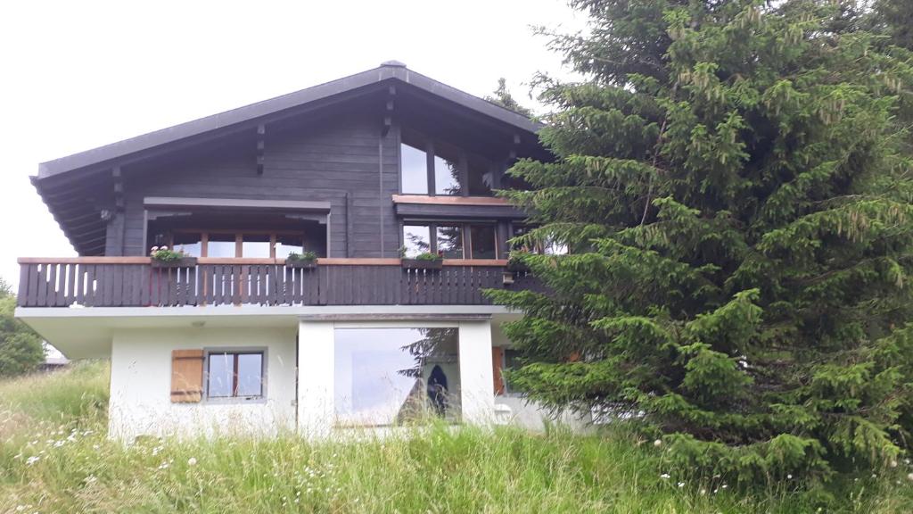 une maison avec un balcon et un arbre dans l'établissement Appartement Chantilu, à Les Mosses