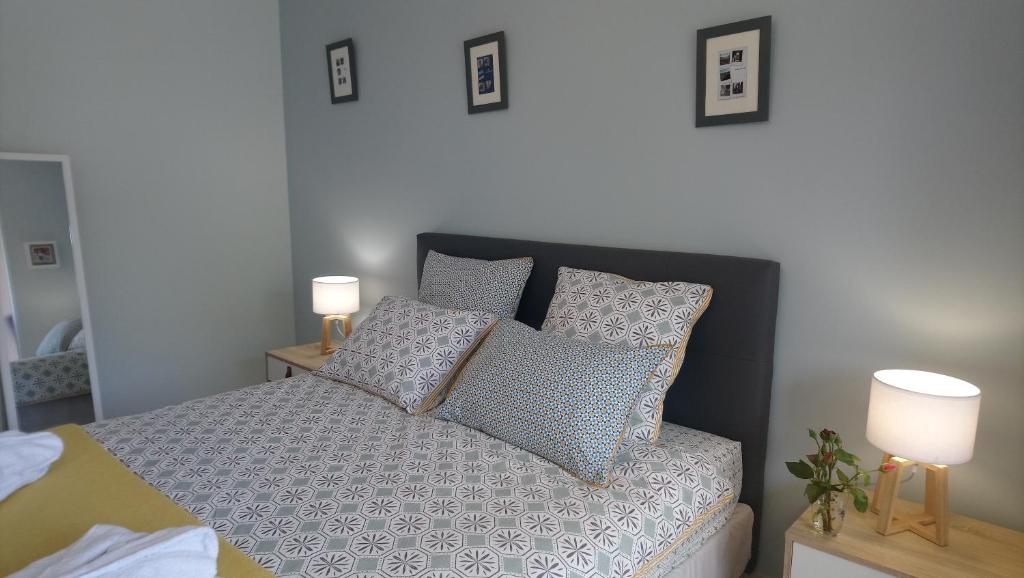 a bedroom with a bed with pillows and two lamps at Fleurs de Cosmos in Albi