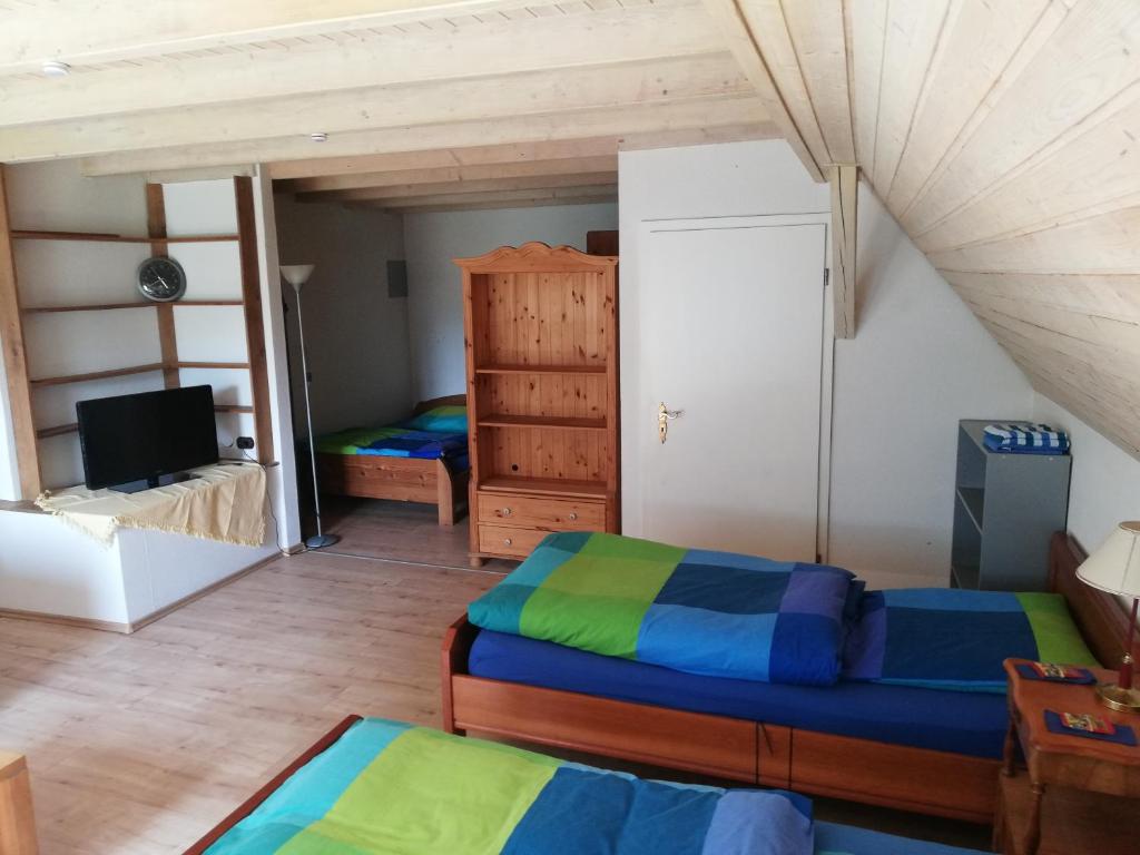 a bedroom with two beds and a tv in it at Gästehaus Alte Liebe in Borgholzhausen