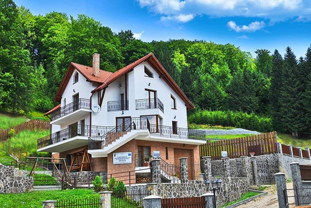 a large white house with a fence around it at Charming Villa in a Private Mountain Resort in Braşov
