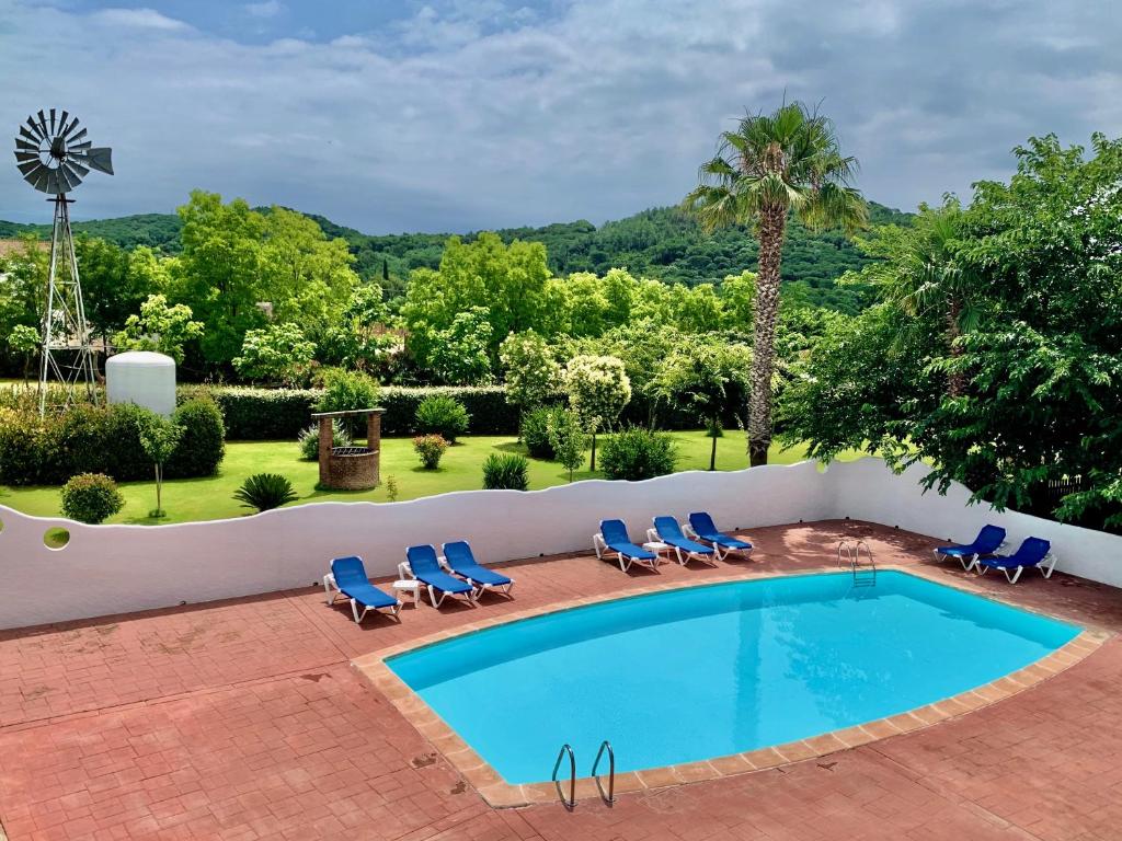 a swimming pool with chairs and a palm tree at Villa Mediterraneo Rooms Piscina jardin parking in Blanes