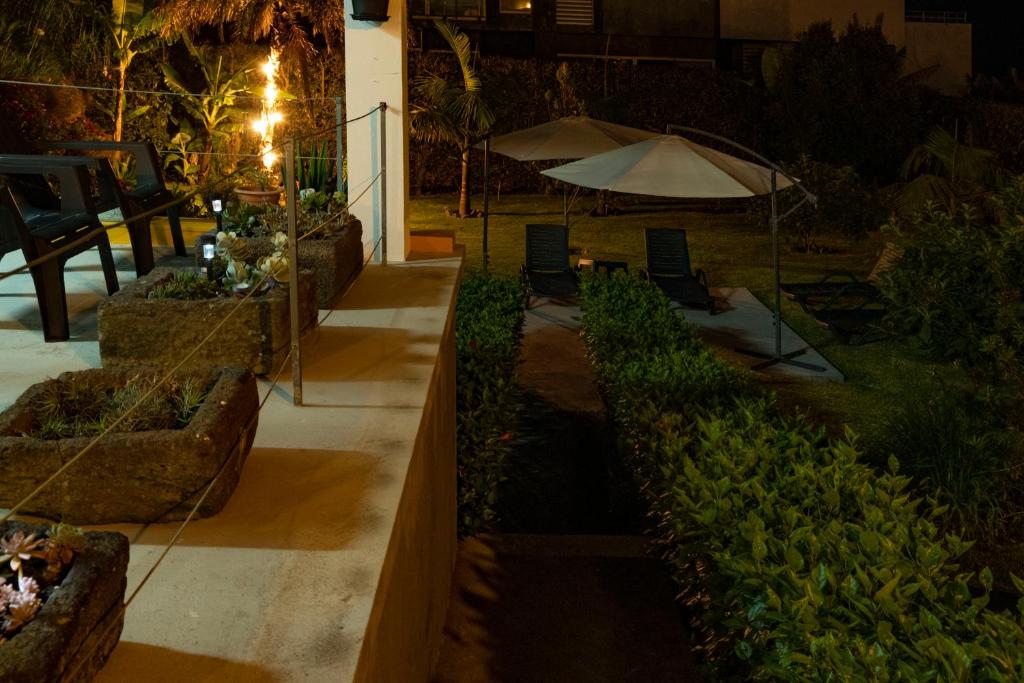 a garden at night with an umbrella and plants at Casa da Quinta in Vila Franca do Campo