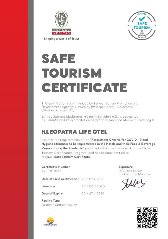 Certifikát, hodnocení, plakát nebo jiný dokument vystavený v ubytování Kleopatra Life Hotel