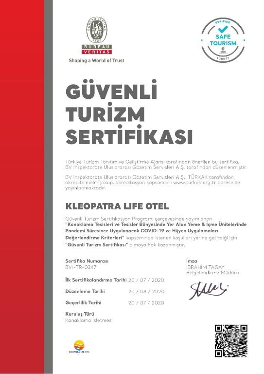 Certifikát, hodnocení, plakát nebo jiný dokument vystavený v ubytování Kleopatra Life Hotel