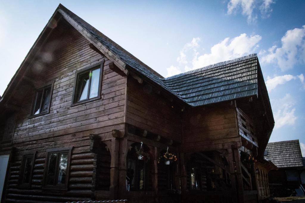 a wooden house with a shingled roof at Cabanele Rus in Budeşti