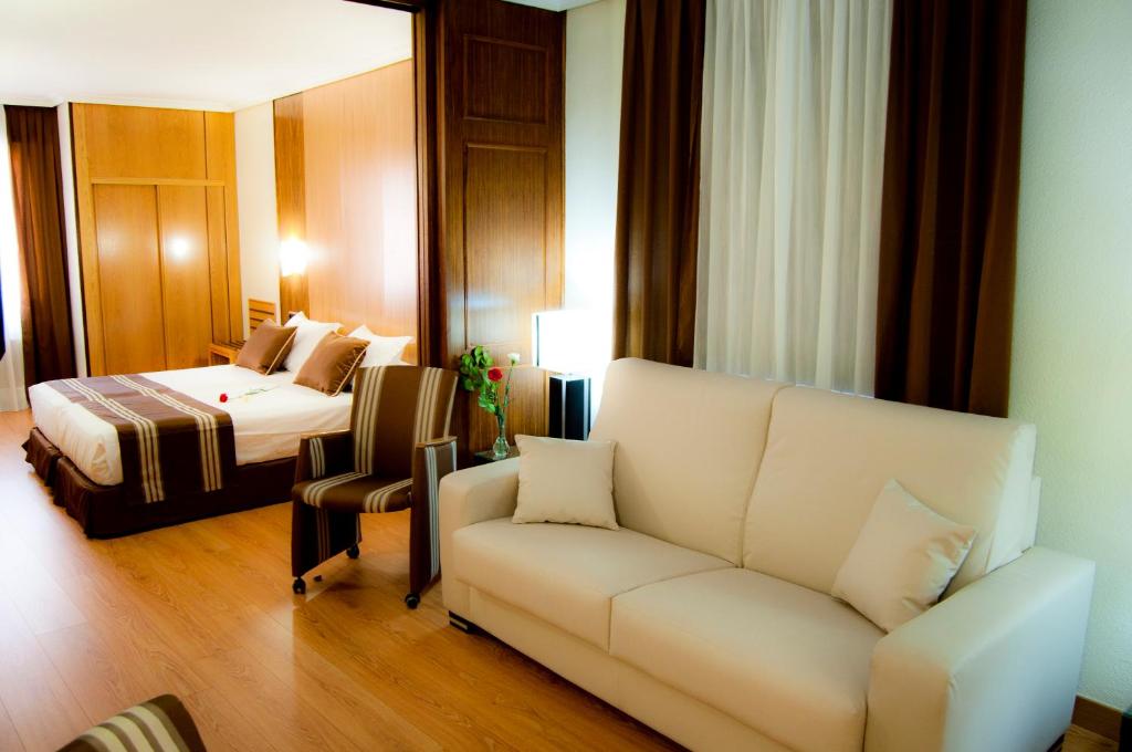 サモラにあるZenit Dos Infantasのソファとベッド付きのホテルルーム