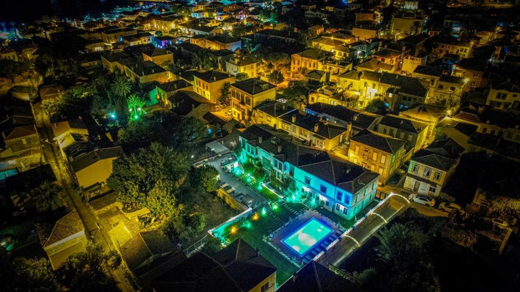 an aerial view of a city at night at Ziyabey Konagi in Ayvalık