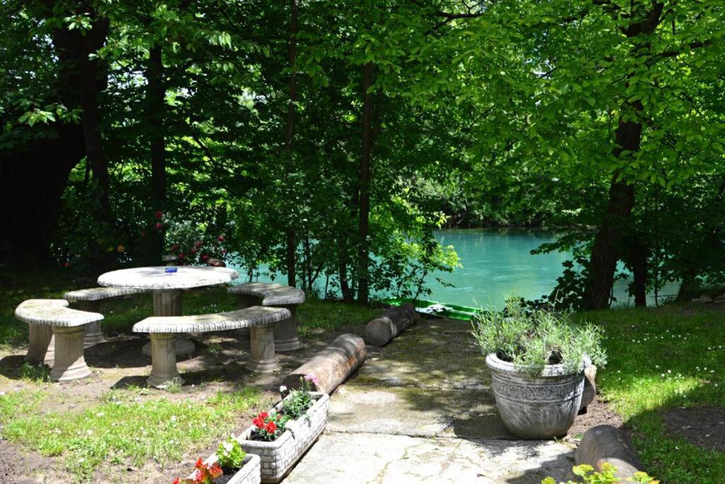 a picnic table in a park next to a pond at Una Rosa Hostel in Bihać