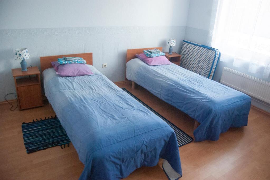 Cette chambre comprend 2 lits avec des draps bleus et une fenêtre. dans l'établissement Villa Freven, à Pärnu