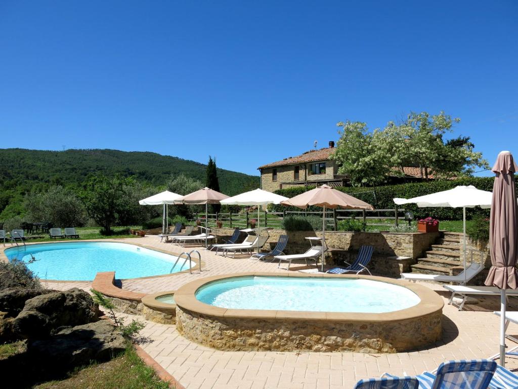 a large swimming pool with chairs and umbrellas at Agriturismo Apparita in Montecastelli