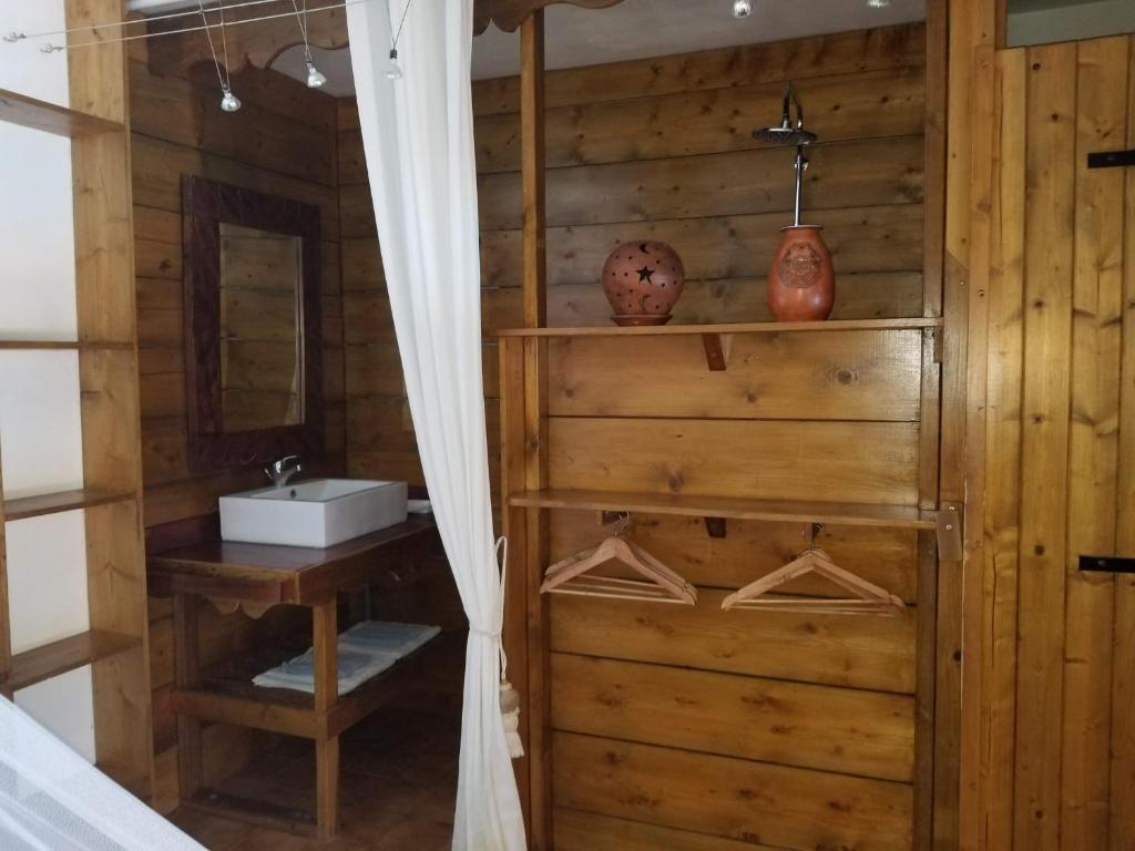La salle de bains est pourvue d'un lavabo et d'un mur en bois. dans l'établissement Les Bananes Vertes, à Saint-Claude