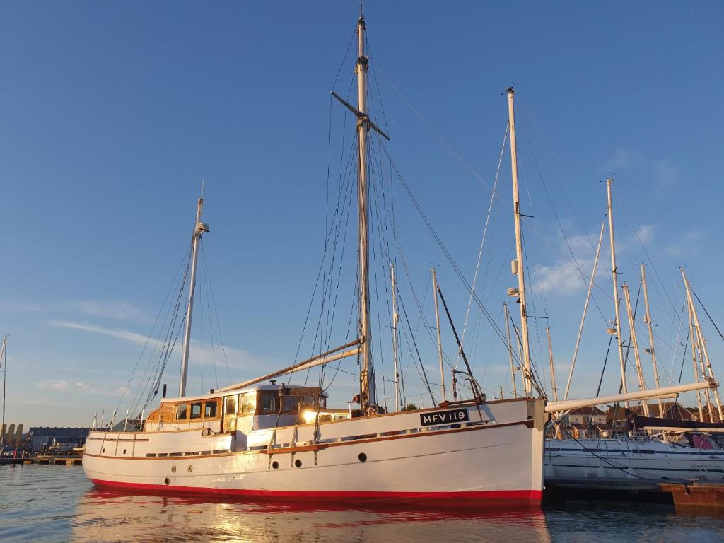 um barco branco está ancorado na água em Historic Wooden Ship 'MFV119' em East Cowes