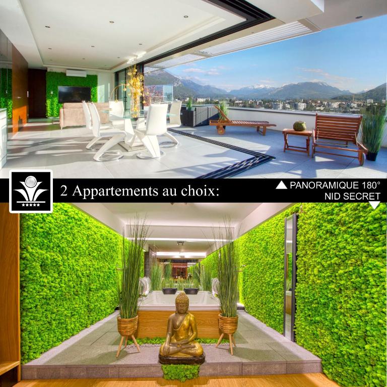 un rendu d'un salon avec un mur végétal dans l'établissement Panoramique 180 lac et montagne et Nid Secret spa romantique, à Annecy