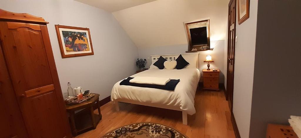 a bedroom with a bed with black and white pillows at Creevagh (Room Only) in Keel