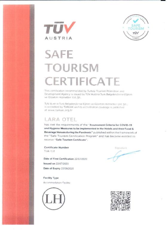 Certifikát, hodnocení, plakát nebo jiný dokument vystavený v ubytování Lara Otel
