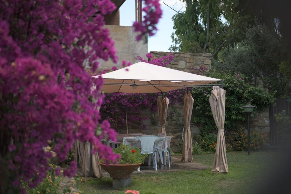 einen Tisch und Stühle unter einem Sonnenschirm in einem Garten in der Unterkunft Casa Gori in Punta Ala