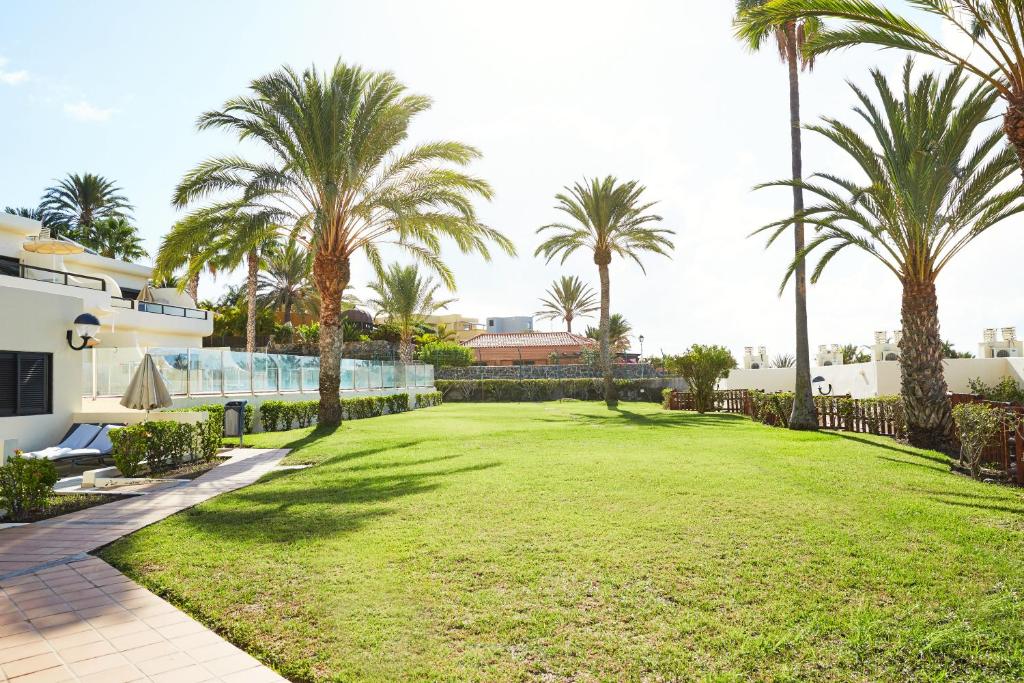 a large yard with palm trees in front of a house at Grupotel Tres Vidas in San Agustin