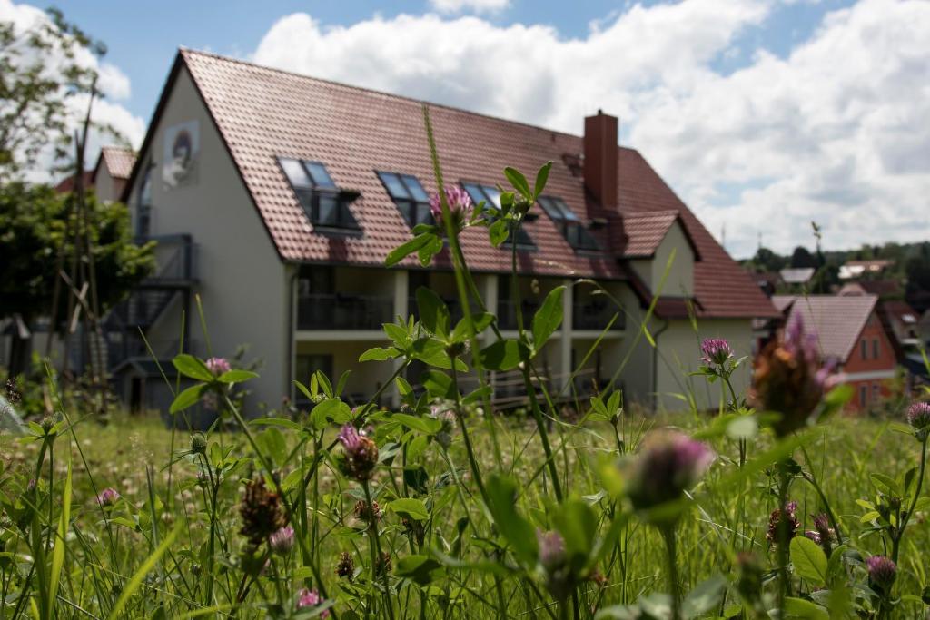 a house with a field of flowers in front of it at Pilgrims Inn Kreischa in Kreischa