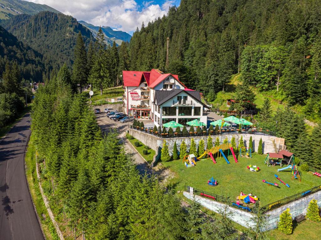 an aerial view of a house with people on a lawn at Piscul Negru Hotel - Transfagarasan in Cumpăna