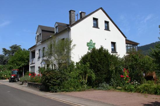 Ein weißes Haus an der Seite einer Straße in der Unterkunft Weingut Bollig-Prüm in Trittenheim