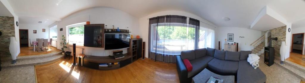 een woonkamer met een bank en een tv bij FewoEla2 in Eppstein