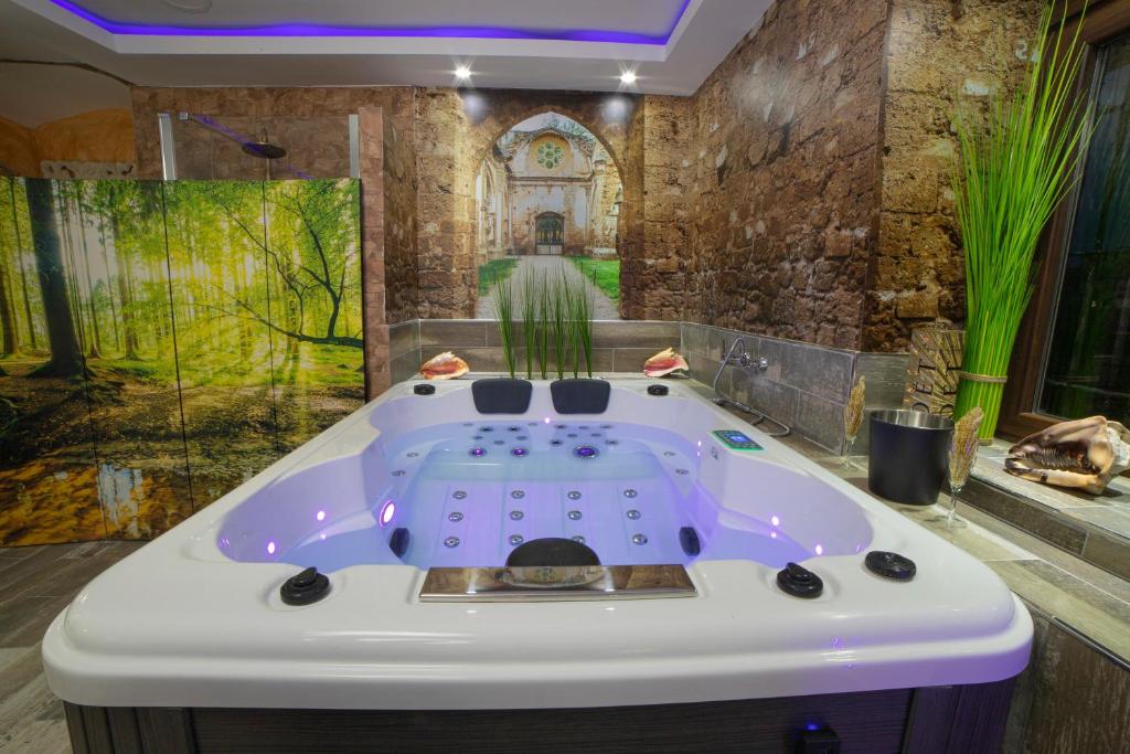 a jacuzzi tub in a room with a church at LA VEGUILLA DELUXE JACUZZi in Alhama de Aragón