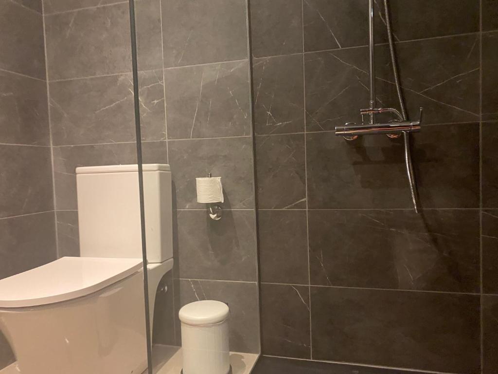 a bathroom with a toilet and a shower at Luxury Lavender in Larnaca