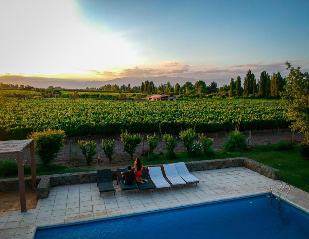 two people sitting on lounge chairs next to a pool in front of a vineyard at Posada Mawida in Maipú