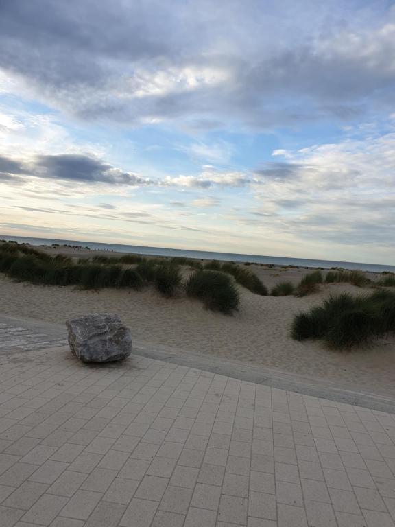 un rocher assis sur la plage à côté de la plage dans l'établissement appartement malo les bains plage, à Dunkerque