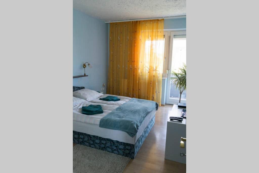 a bedroom with a bed and a window at Aloé Apartman Sopron in Sopron