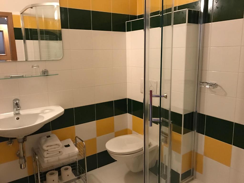 a bathroom with a toilet and a glass shower at Antik Hotel Sofia in Litomyšl