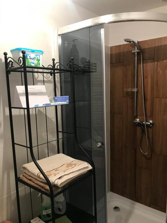 NieledwiaにあるLUCE Chataのバスルーム(ガラスドア付きのシャワー、棚付)が備わります。