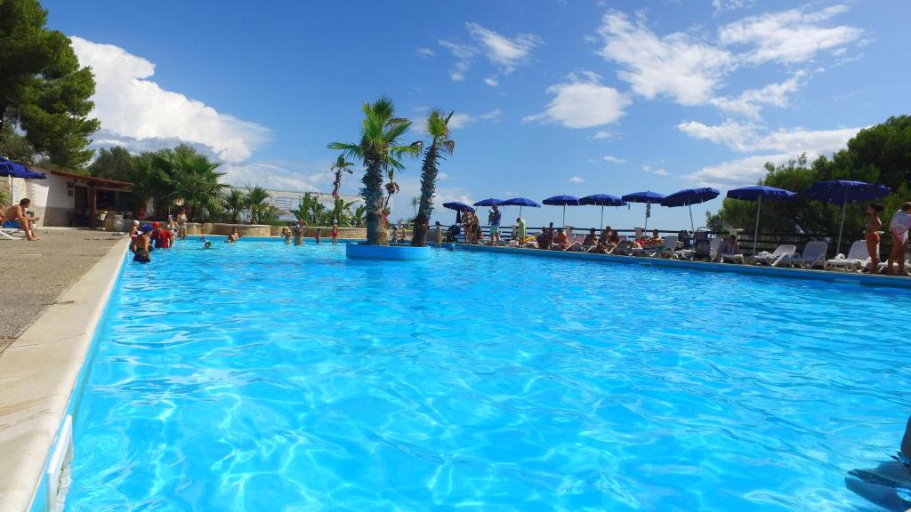 une grande piscine avec de l'eau bleue et des palmiers dans l'établissement Villaggio Santo Stefano, à Vieste