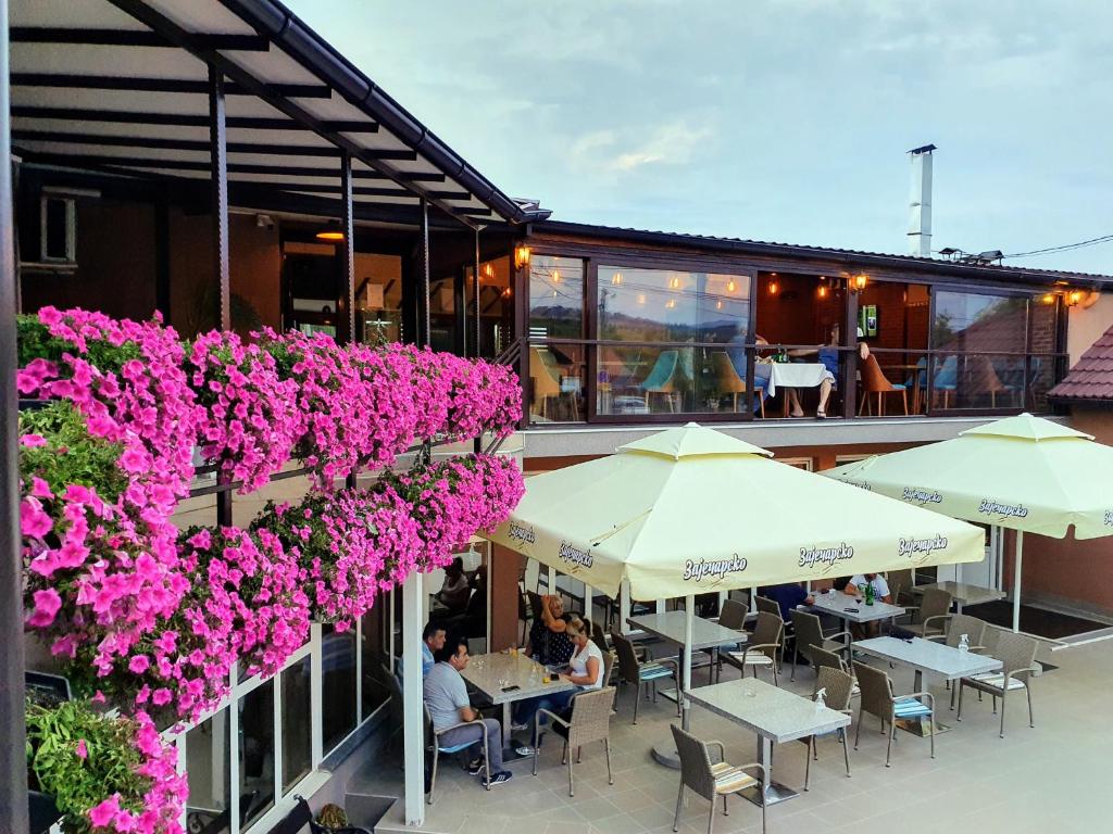 弗拉迪欽漢的住宿－Kompleks Fontana，大楼一侧的粉红色花卉餐厅