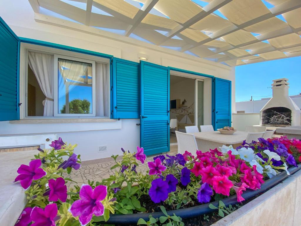 un patio con persianas azules y flores púrpuras en La Maison Blue Salento - Villetta e monolocale fronte e vista mare, en Torre San Giovanni