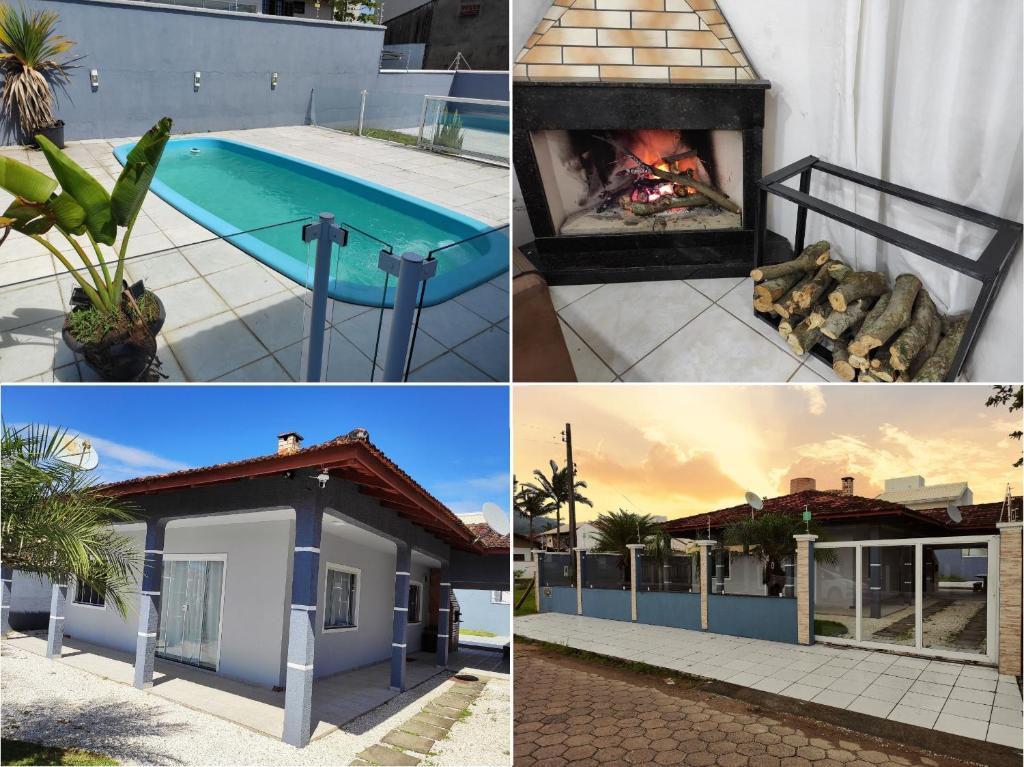 un collage de fotos de una casa con chimenea en Casa Praia Alegre, en Penha