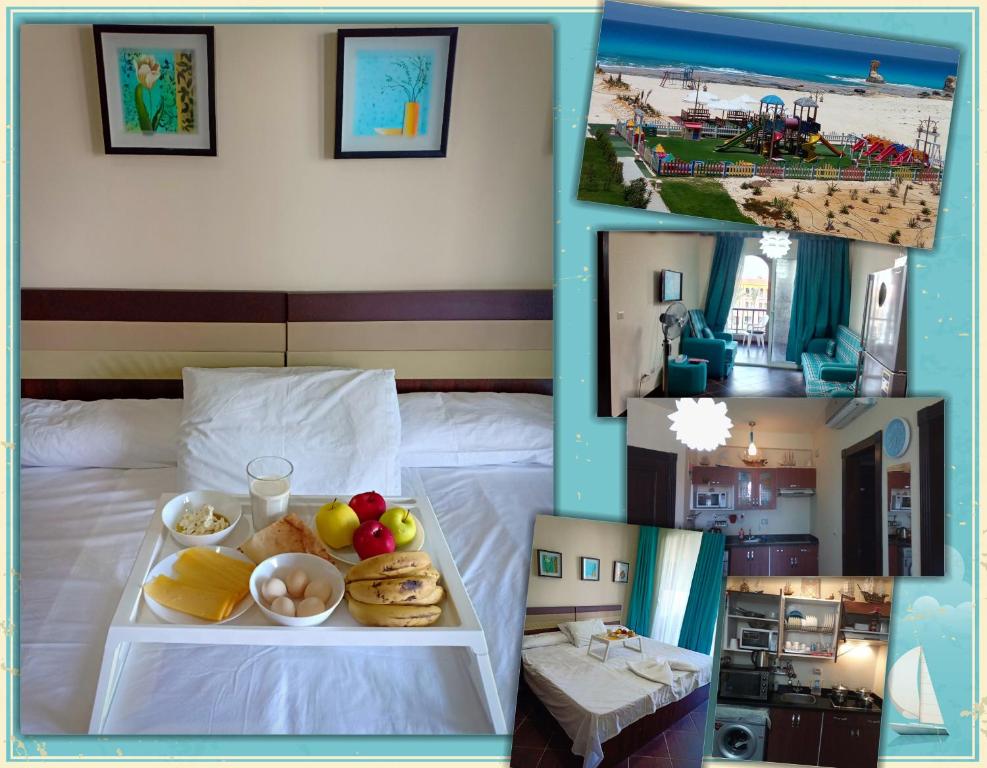 eine Collage mit Bildern eines Hotelzimmers mit einem Tablett mit Essen in der Unterkunft شاليهات بورتو مطروح فيو بحر Porto Matrouh Sea View Families Only in Marsa Matruh